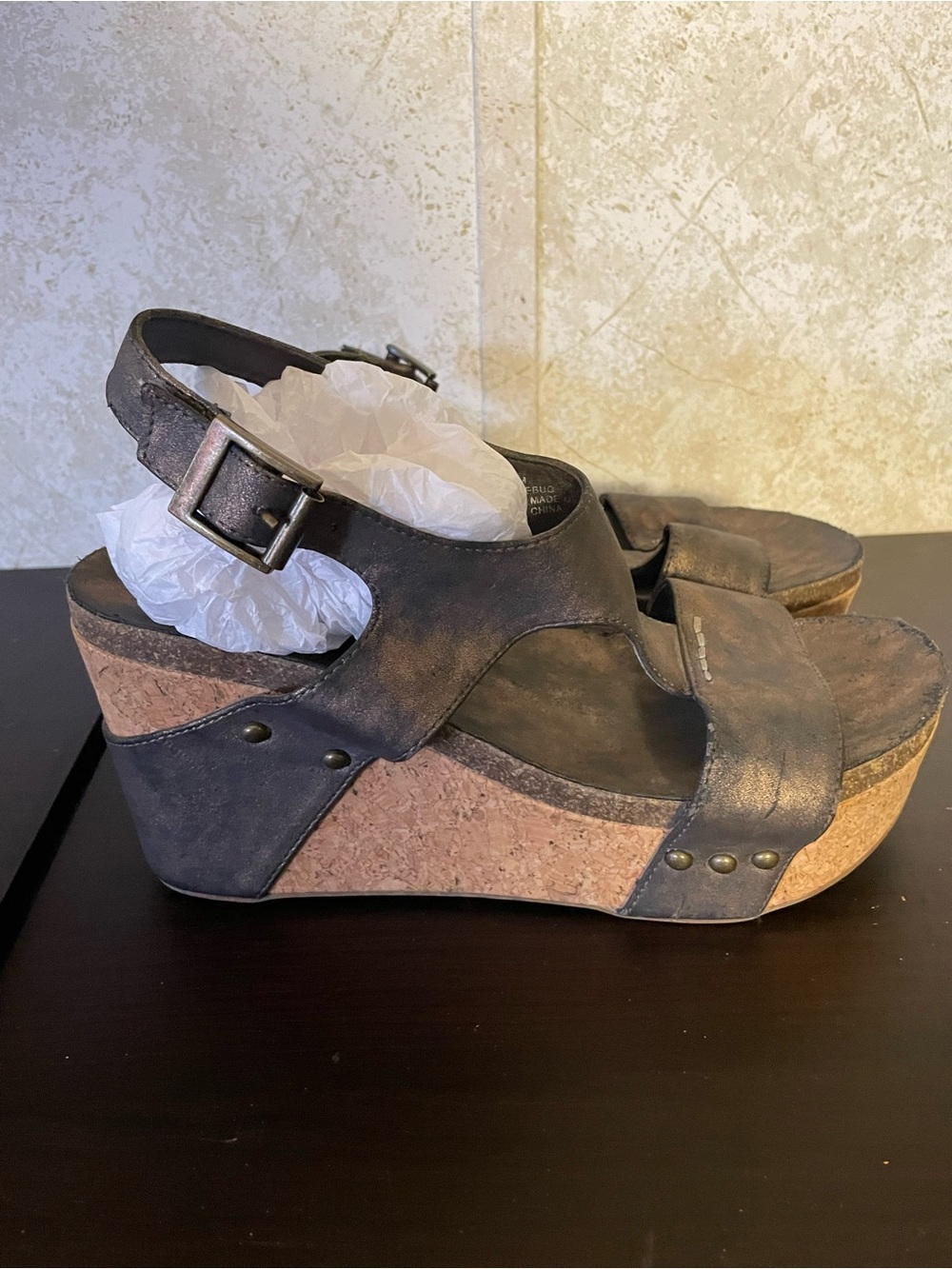 Women’s Sugar “Junebug” Wedge Cork Metallic Bronze Sandals